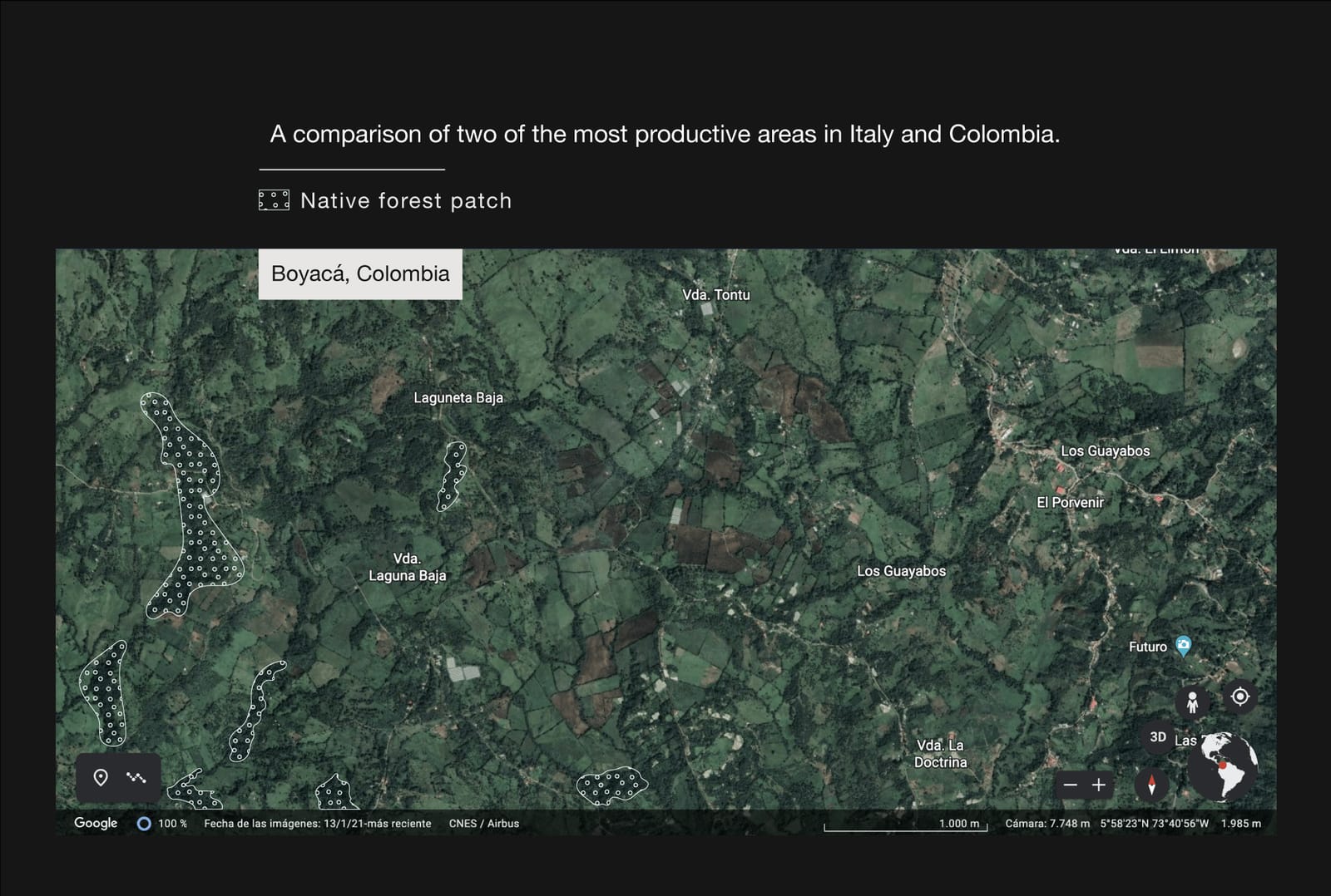 Satellite view of Boyacá, Colombia, with native forest patches marked
