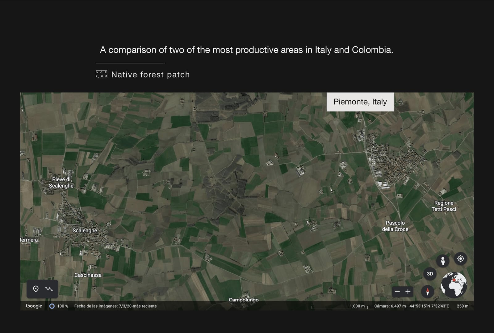 Satellite view of Piemonte, Italy, covered in farm fields
