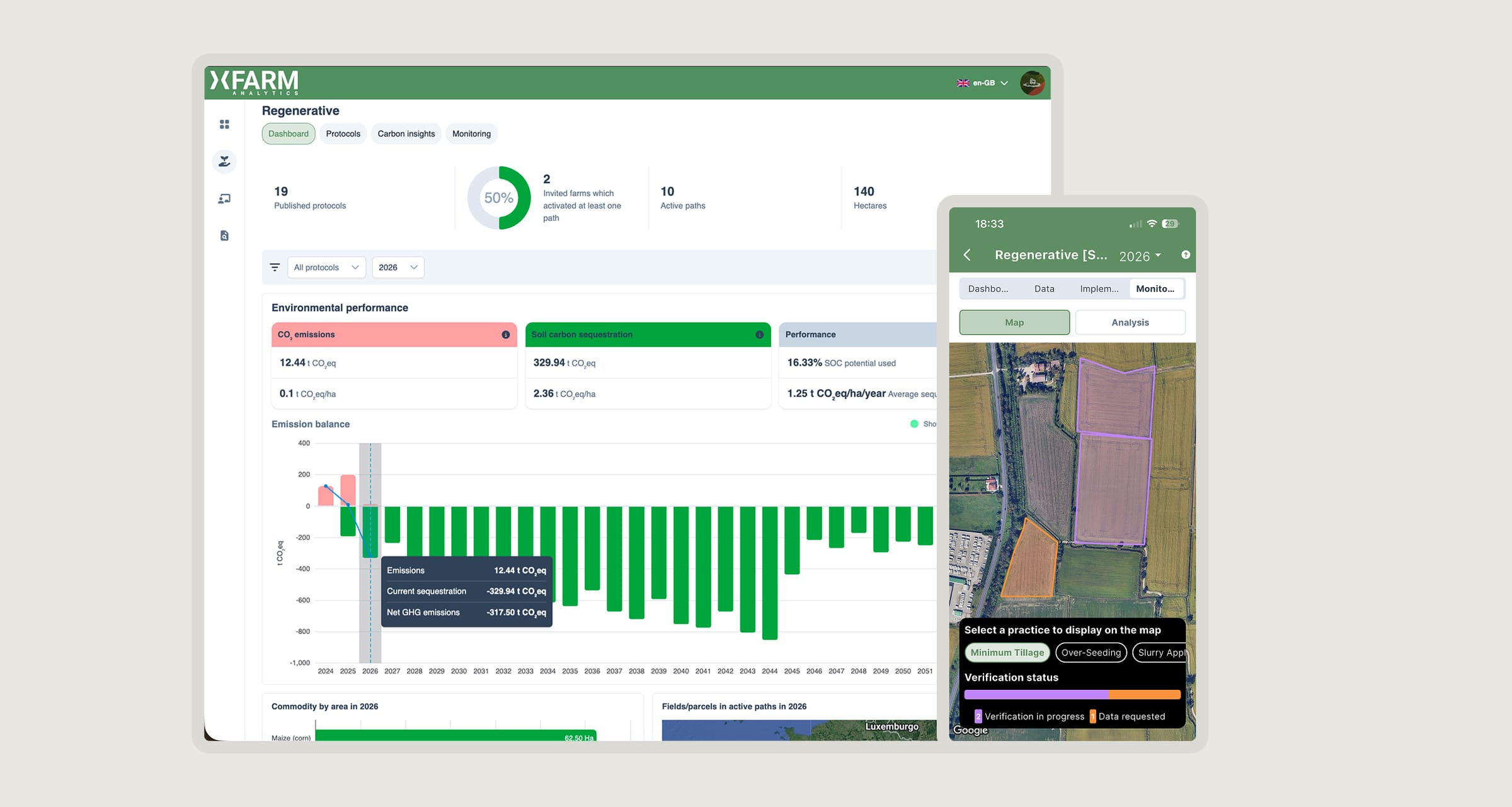 Aerial farmland with per-field regenerative verification status overlays.